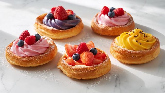 Colorful fruit tarts featuring swirled cream on golden puff pastry