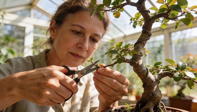 Middle-aged woman pruning bonsai in sunlit greenhouse, careful trimming technique