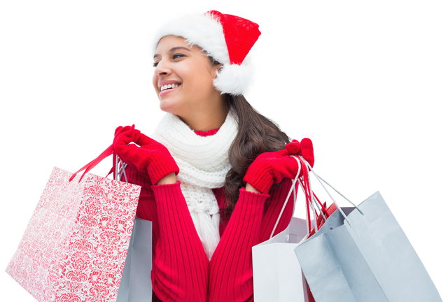 Happy Woman in Santa Hat Holding Shopping Bags on Transparent Background - Download Free Stock Videos Pikwizard.com