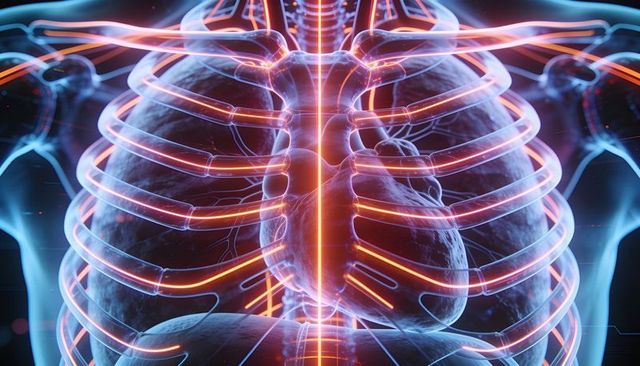 Visualizing neon thoracic anatomy with translucent rib cage and glowing vasculature