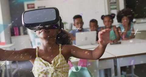 Happy Schoolgirl in VR Headset Exploring Virtual Classroom Adventure