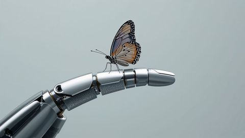 Balancing Chrome Robotic Finger with Delicate Butterfly Perching on Metallic Prosthetic Tip