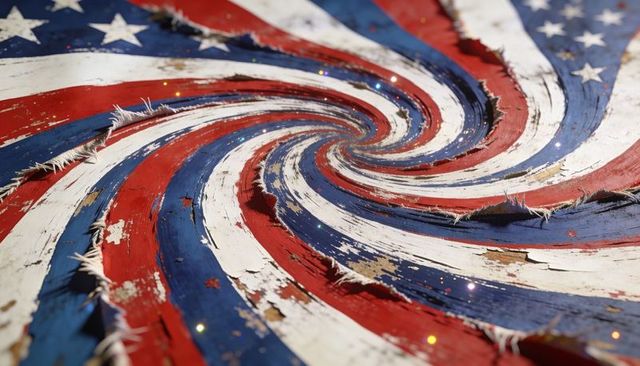Distressed american flag spiral twisting on weathered wooden surface with peeling paint