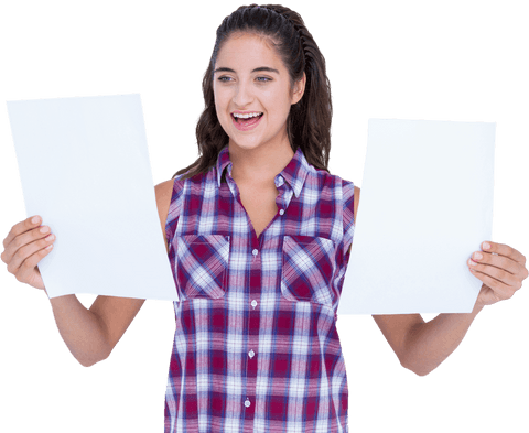 smiling brunette woman holding transparent paper sheets - Download Free Stock Videos Pikwizard.com