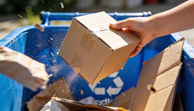 Adult hand placing taped cardboard box into blue recycling bin sunlit sustainability