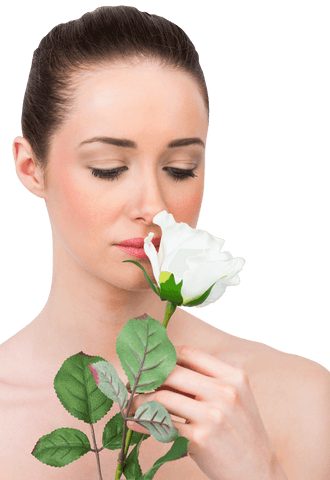 Serene Brunette Woman Smelling White Rose on Transparent Background