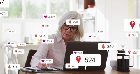 Senior Woman Interacting with Technology at Home with Notification Overlays