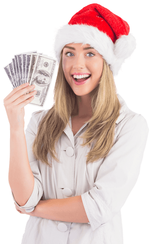 Smiling Woman in Santa Hat Holding Cash Isolated Transparent