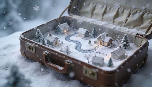 Vintage suitcase holding snowy miniature village with glowing cottages and winding stream