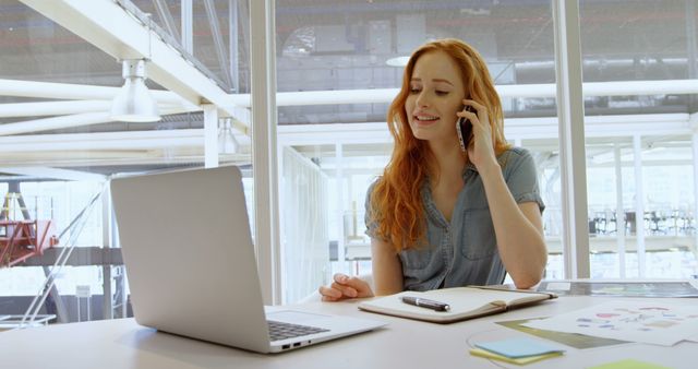 Young Woman Working Remotely, Talking on Mobile Phone at Desk - Download Free Stock Images Pikwizard.com