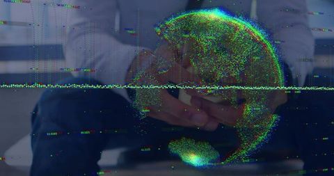 Executive cradling holographic pixel globe with glitch data overlay for digital strategy