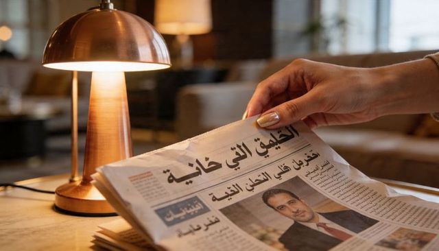 Manicured hand lifting arabic newspaper by copper lamp in cozy lounge with warm lighting
