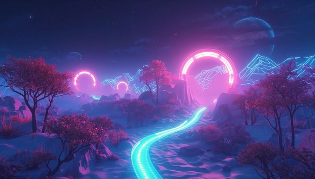Futuristic Terrain with Neon Pink Rings and Cyan Pathway at Night