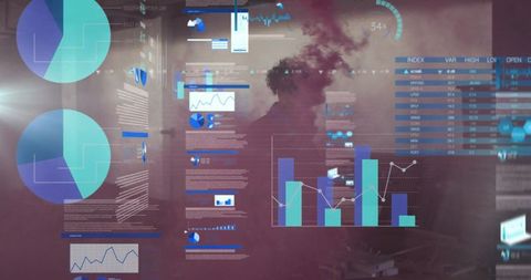 Silhouetted professional analyzing translucent data dashboards on glass, futuristic charts
