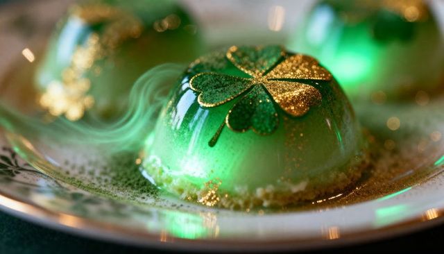 Emerald shamrock mousse domes with gold glitter glaze and smoky dry ice mist for st patricks day