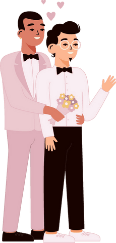 Diverse gay couple embracing with bouquet on transparent background