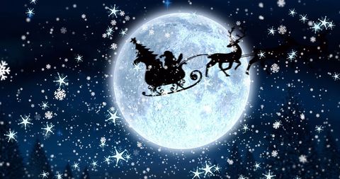 Santa's Sleigh Silhouetted Against Full Moon in Starry Winter Night