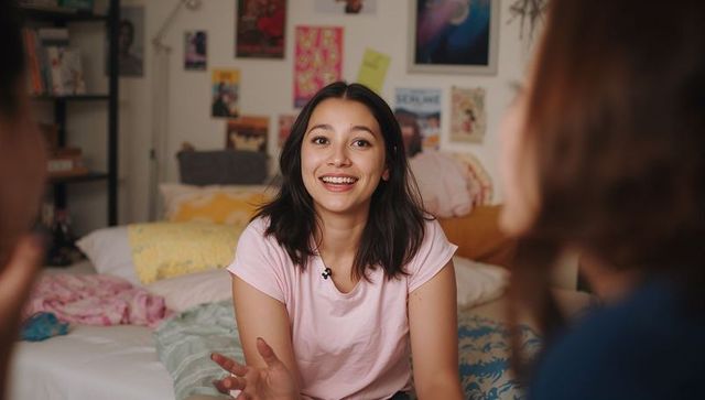 Smiling Asian Woman Chatting with Friends in Cozy Bedroom