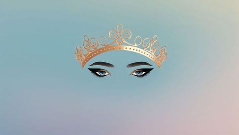 Glamorous eyes with ornate tiara on pastel background