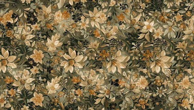 Seamless floral repeat pattern featuring golden blooms and leafy vines for wallpaper