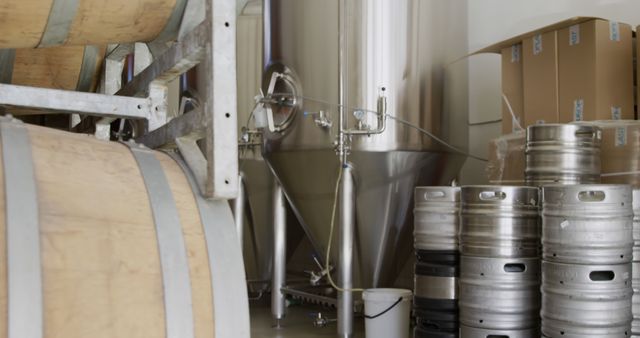 Modern Brewery with Fermentation Tanks and Wooden Barrels - Download Free Stock Images Pikwizard.com