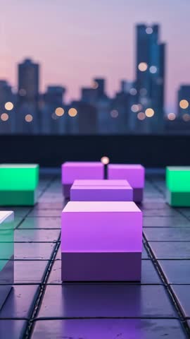 Vertical Video: Color-Shifting Cubes Aligning Under Descending Sphere on City Rooftop