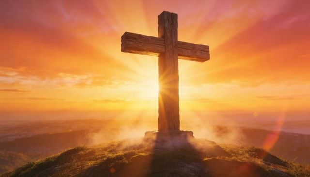 Weathered wooden cross standing on misty hilltop at sunrise with radiant sun rays and lens flare