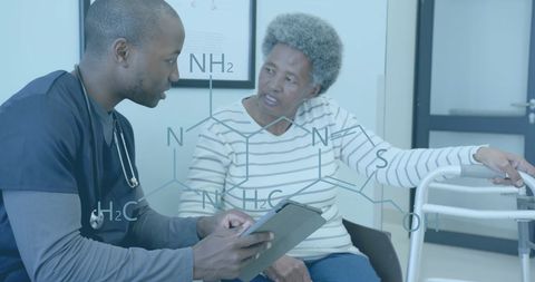Doctor Consults Senior Patient with Digital Interface Symbol Overlay