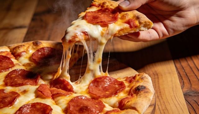 Hand pulling hot pepperoni pizza slice with stretching melted mozzarella on wooden board