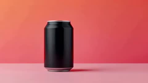 Black Aluminum Can on Pink Table with Orange Red Gradient Background
