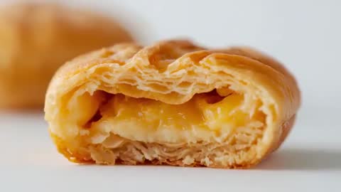 Macro slow reveal of flaky golden pastry tearing open to show gooey custard filling