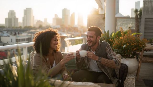 Couple enjoying warm drinks on rooftop terrace at golden hour, cozy urban sunset moment