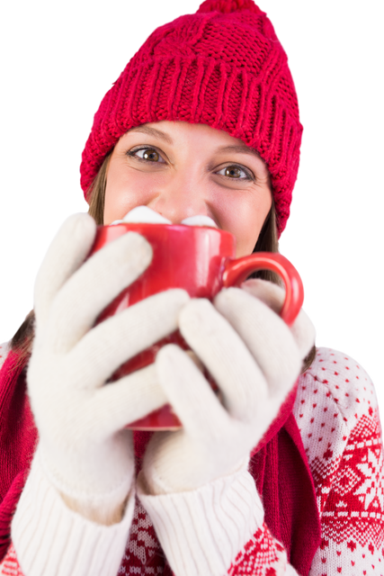 Smiling Girl in Winter Attire Holding Red Mug, Transparent Background - Download Free Stock Videos Pikwizard.com