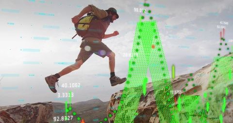 Hiker in Mountains with Data Graphics Overlay