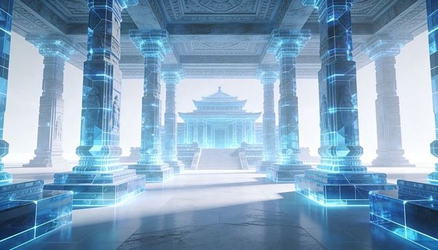 Holographic temple interior with glowing futuristic columns and symmetrical pagoda hall