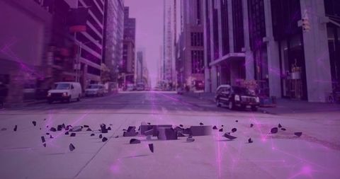 Futuristic Urban Landscape with Digital Grid and Debris