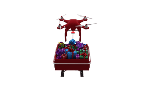 Red drone delivering colorful gifts transparent background