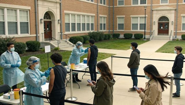 Campus vaccination clinic students lining up for covid-19 immunization outdoors
