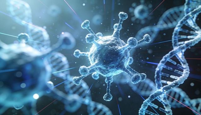 Glowing blue virus particle rotating among dna helix strands in microscopic 3d render