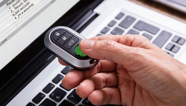 Hand Pressing Biometric Car Key Fob Fingerprint Sensor over Laptop Keyboard