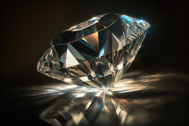 Close up of cut diamond with reflection on black background, created using generative ai technology. Precious stones, luxury and wealth concept digitally generated image.