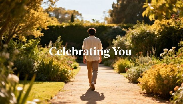 Man walking along sunlit garden path celebrating you overlay lifestyle wellness outdoors