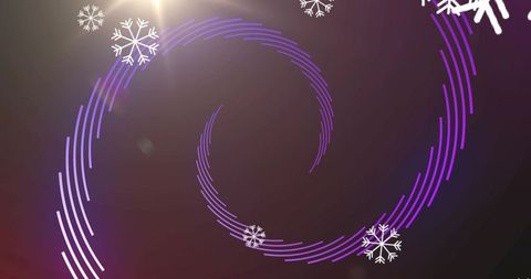 Glowing purple swirl with white snowflakes and lens flare holiday background