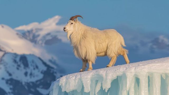 Mountain goat standing on glacier ridge with icicles and snow-covered peaks at sunrise