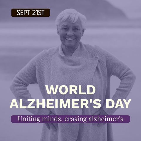 World alzheimer's day advertisement with senior woman smiling