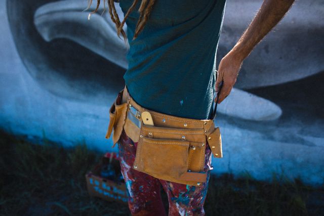 Midsection of male artist wearing a paintbrush belt, standing in front of a whale mural. Ideal for use in articles or advertisements related to street art, creative professions, or artistic tools. Can also be used to illustrate themes of creativity, outdoor art, and mural painting.