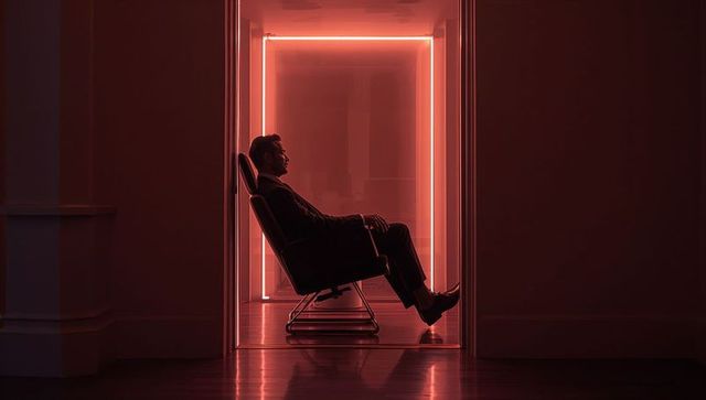 Executive silhouette in neon-framed doorway, moody minimalist business contemplation