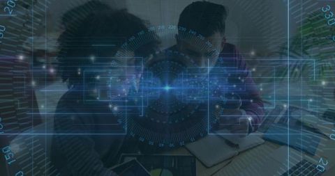 Colleagues Collaborating with Augmented Reality Data Overlay Over Laptop and Notes