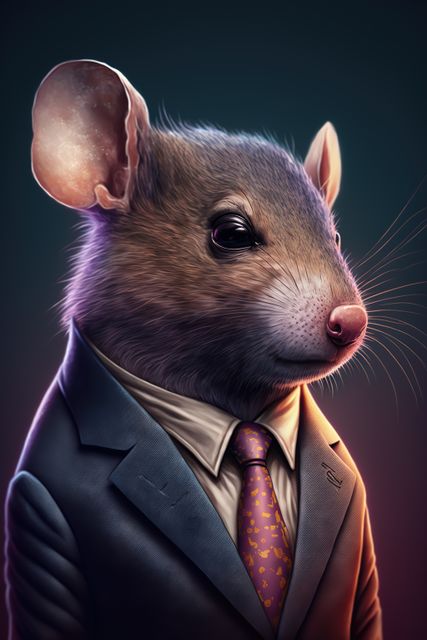 This image features an anthropomorphic mouse wearing a business suit with a purple tie, creating a unique blend of realism and fantasy. The professional attire and dignified expression lend an air of sophistication and seriousness to the character. Ideal for use in creative projects, advertisements, businesses emphasizing uniqueness or creativity, or targeted marketing campaigns that could benefit from a playful yet polished mascot.