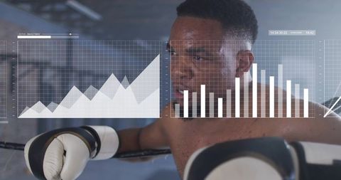 Shirtless boxer resting on top rope with fitness hud overlay showing performance metrics